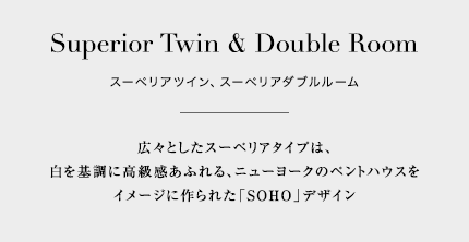 スーペリアツイン、ダブルルーム 高級感あふれるニューヨークのペントハウスをイメージしたSOHOデザイン＆シンプリシティを追求したスタンダードデザイン